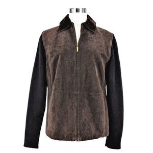 Vintage Sweater Jacket Suede & Knit Grannycore Lined Zipper Front Brown Size L